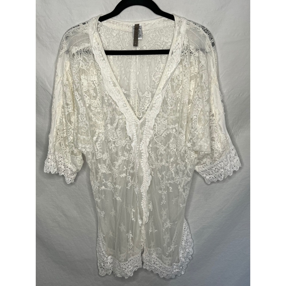 XCVI Ivory Crochet Lace V-Neck Tunic Top Coverup Sz XL Sheer Boho Coquette Beach